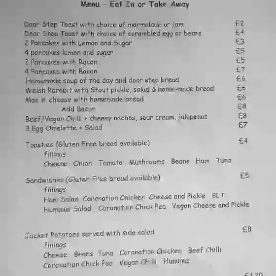 Menu - Takeaway and Eat in.